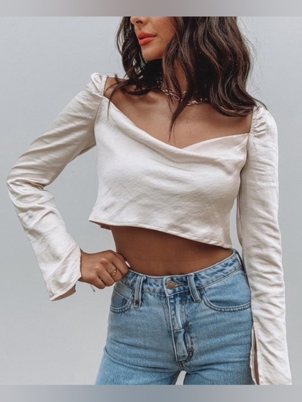 Princess Polly Satin Long Sleeve Square Neck Top Cream